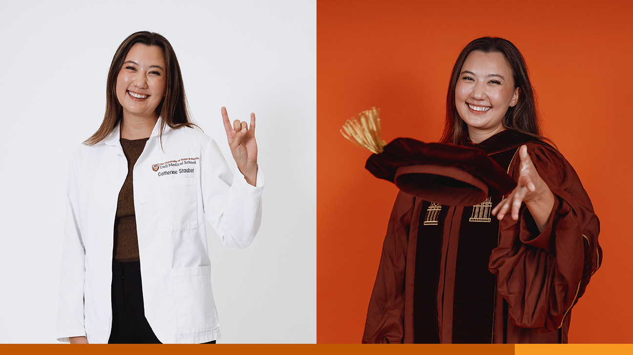 A side-by side collage of Catherine Stauber wearing a medical white coat and graduation regalia.