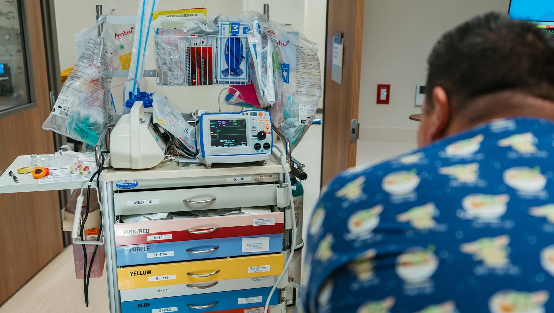 A medical crash cart inside the Dell Children's Simulation Center.
