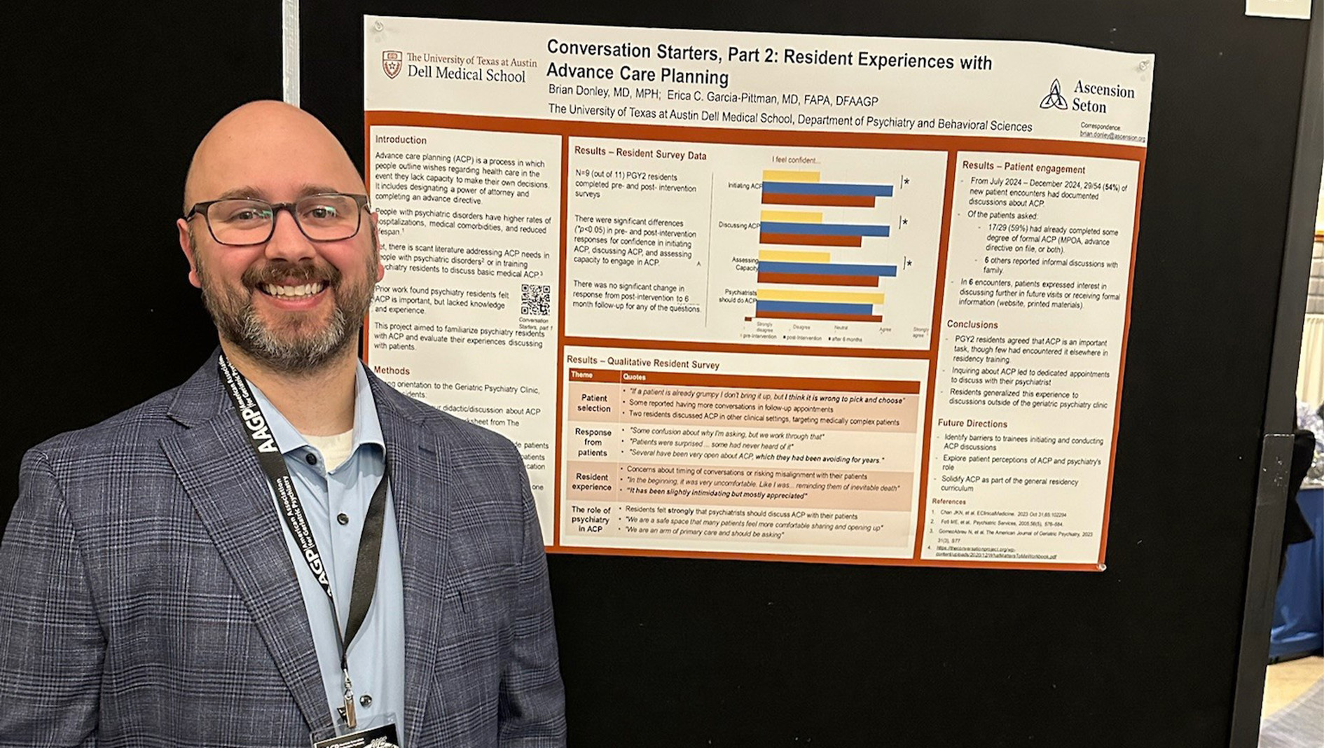 A member of the Geriatric Psychiatry Fellowship stands next to a research poster.