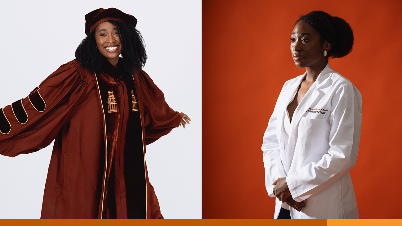 A side-by side collage of Nneka Eden wearing graduation regalia and a medical white coat.