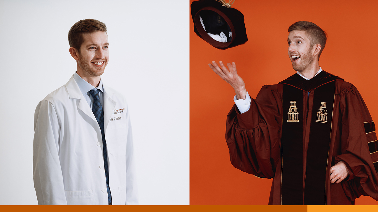 A side-by side collage of Pete Rochat wearing a medical white coat and graduation regalia.