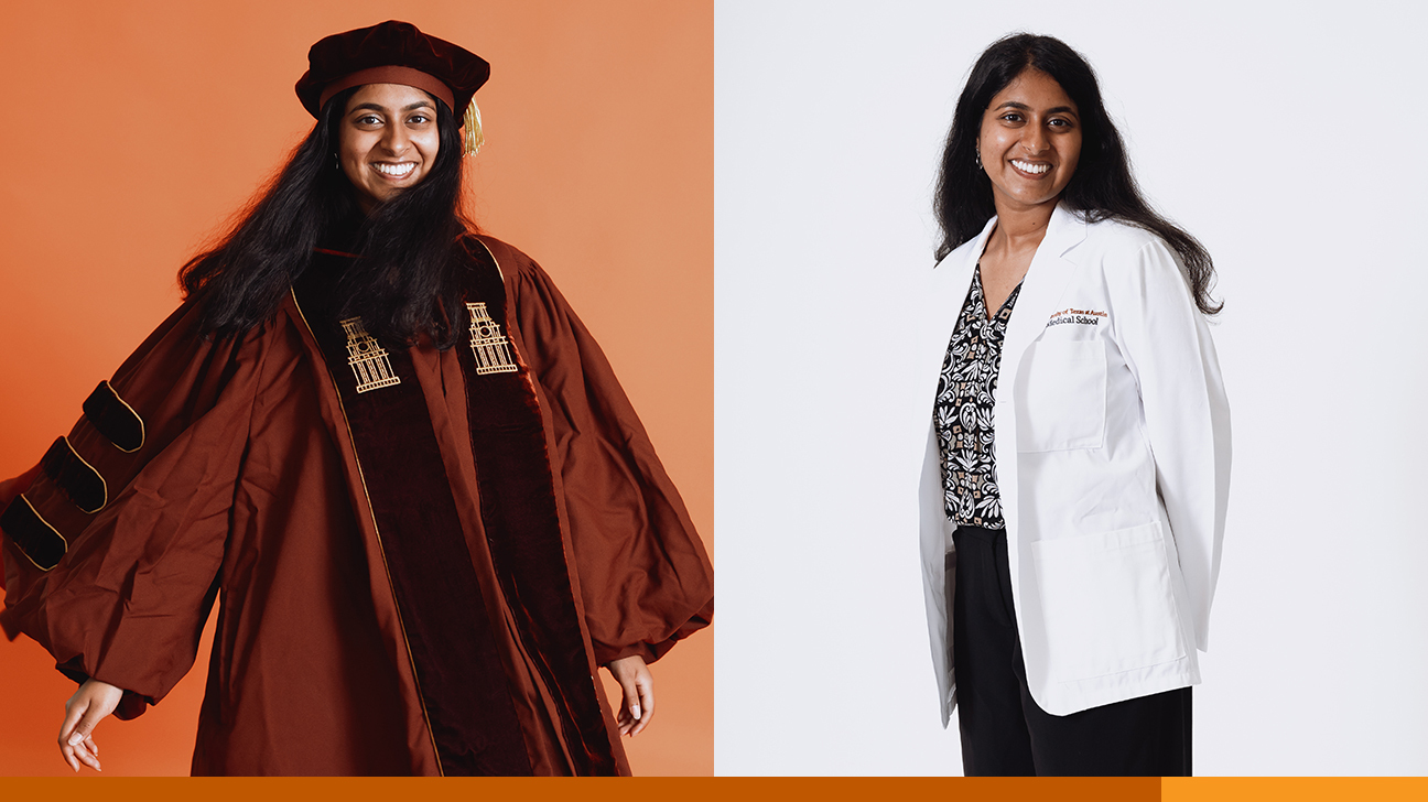 A side-by side collage of Sahana Prabhu wearing graduation regalia and a medical white coat.