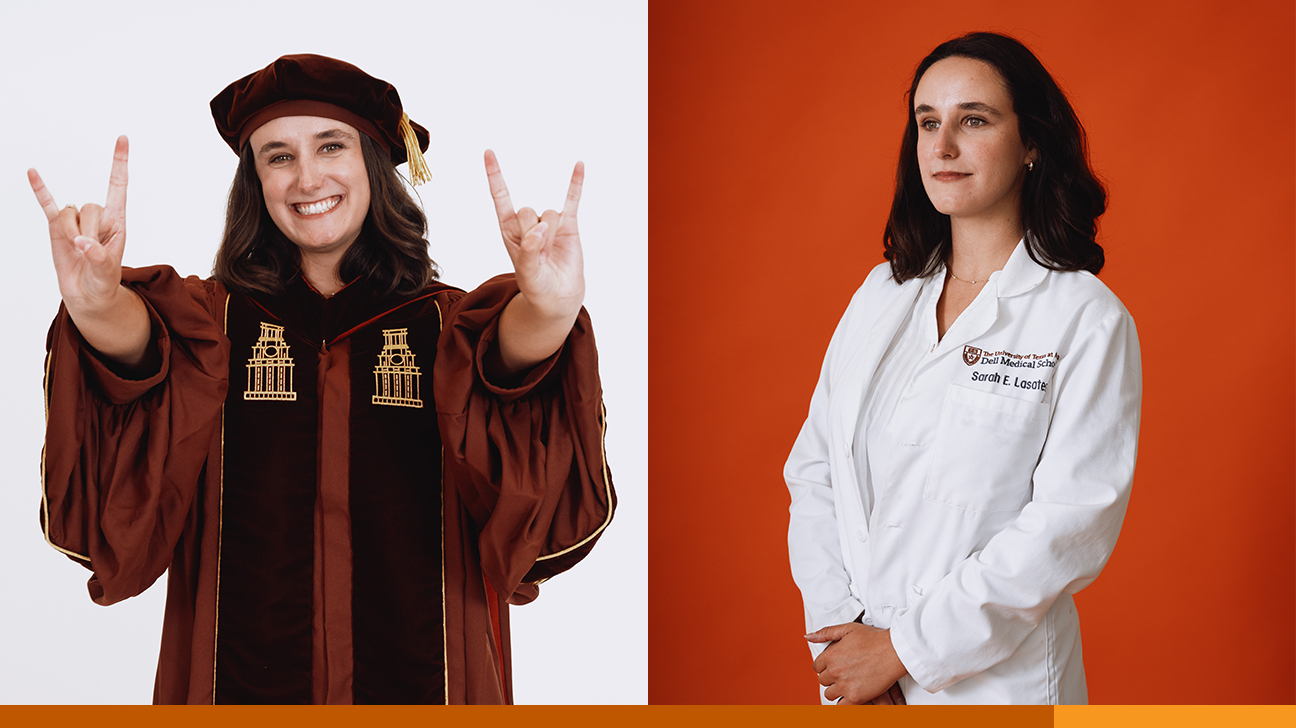 A side-by side collage of Sarah Lasater wearing graduation regalia and a medical white coat.