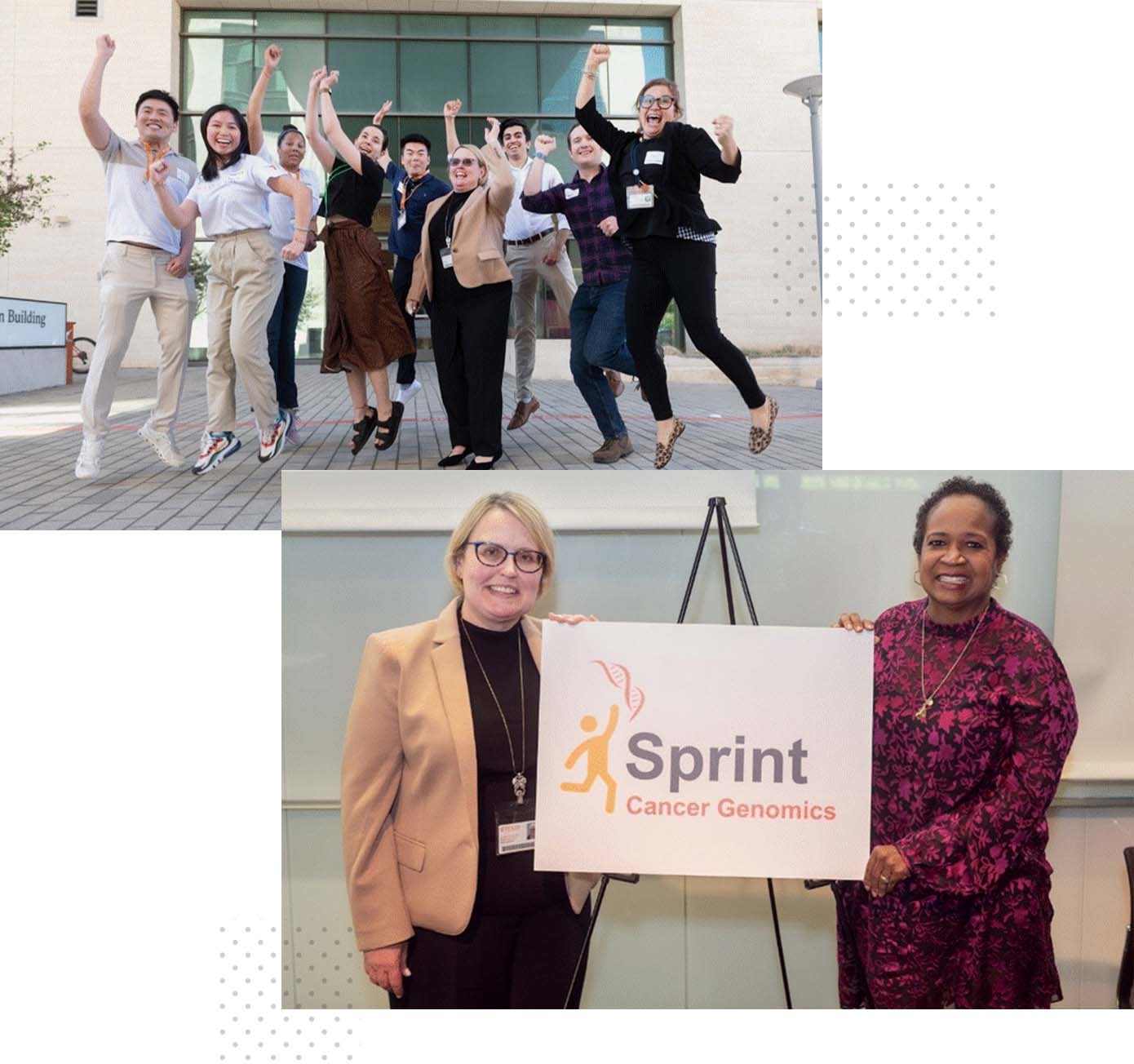 Two separate images collaged together, one atop the other. In the top image, Cancer Genomics SPRINT participants jump for a celebratory group photo. In the bottom photo, Jeanne Kowalski-Muegge and Ginger Okoro stand by event signage.