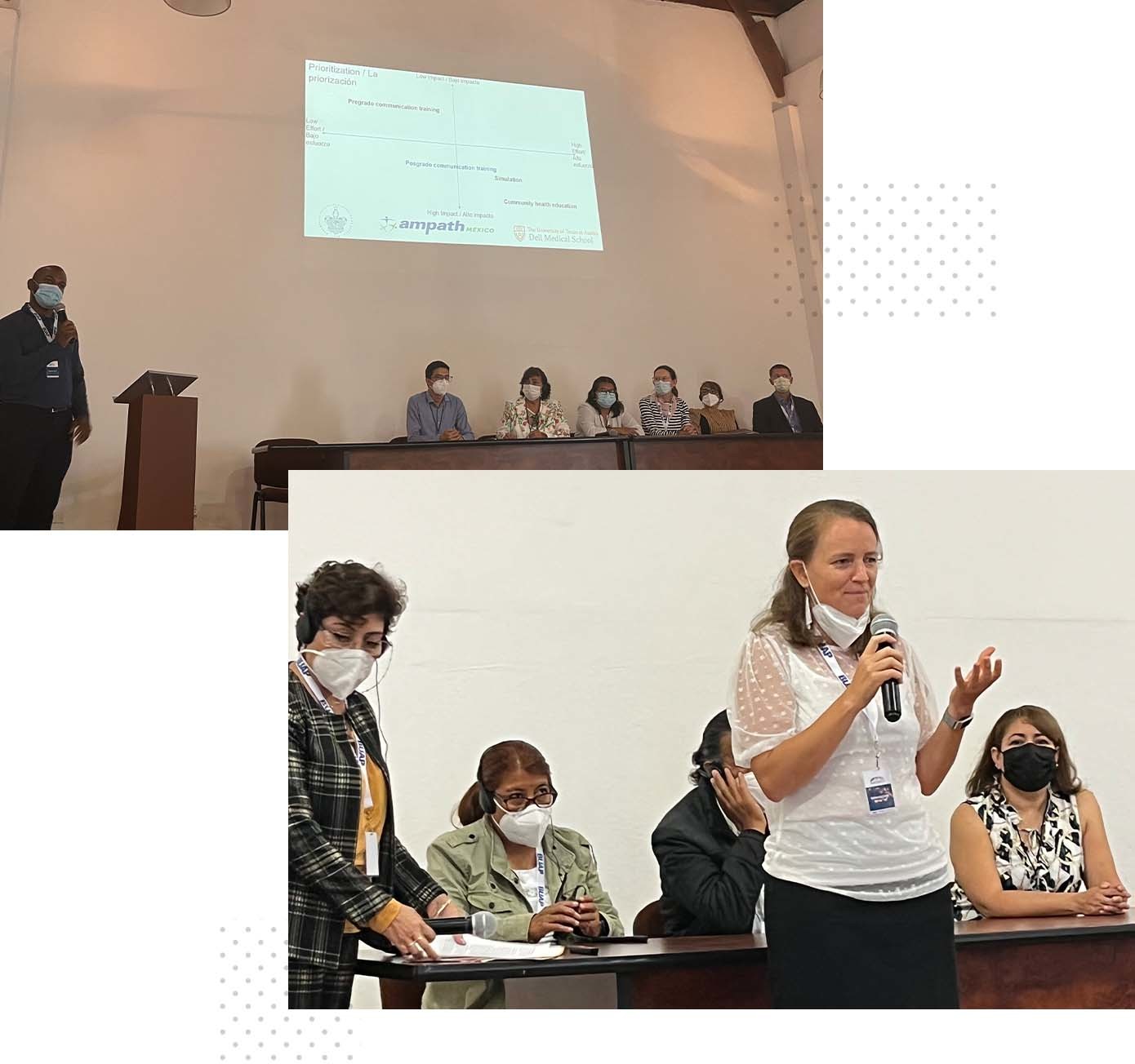 A collage of two photos, one on top of the other. In the top photo, a man presents at a lectern, with a table of panelists off to the site. In the bottom photo, a woman, standing, holds a microphone and speaks. 