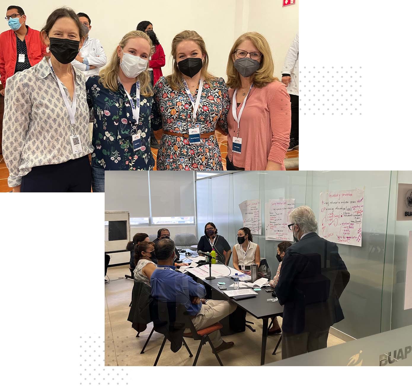 A collage of two photos, one on top of the other. In the top photo, four women wearing masks stand together for a group photo. In the bottom photo, a working group sits around a table in a small conference room.