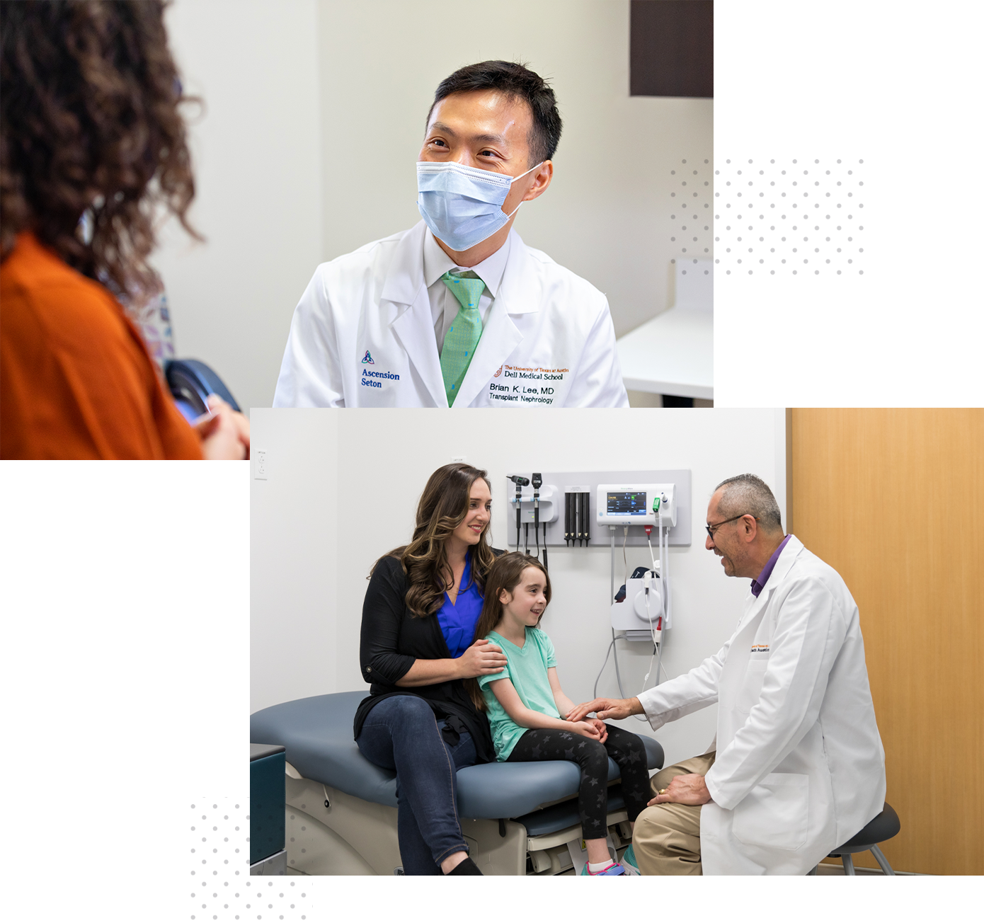 Collage of two images: In one image, a masked UT Health Austin physician speaks to a woman in a care room. In the other image, a UT Health Austin physicians speaks to a woman and child in a care room.