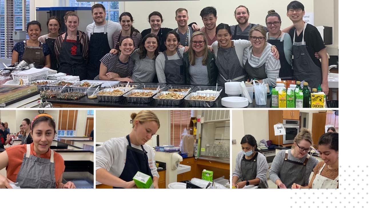 Collage of pediatric trainees participating in a Culinary Medicine session, interacting with food and cooking utensils.