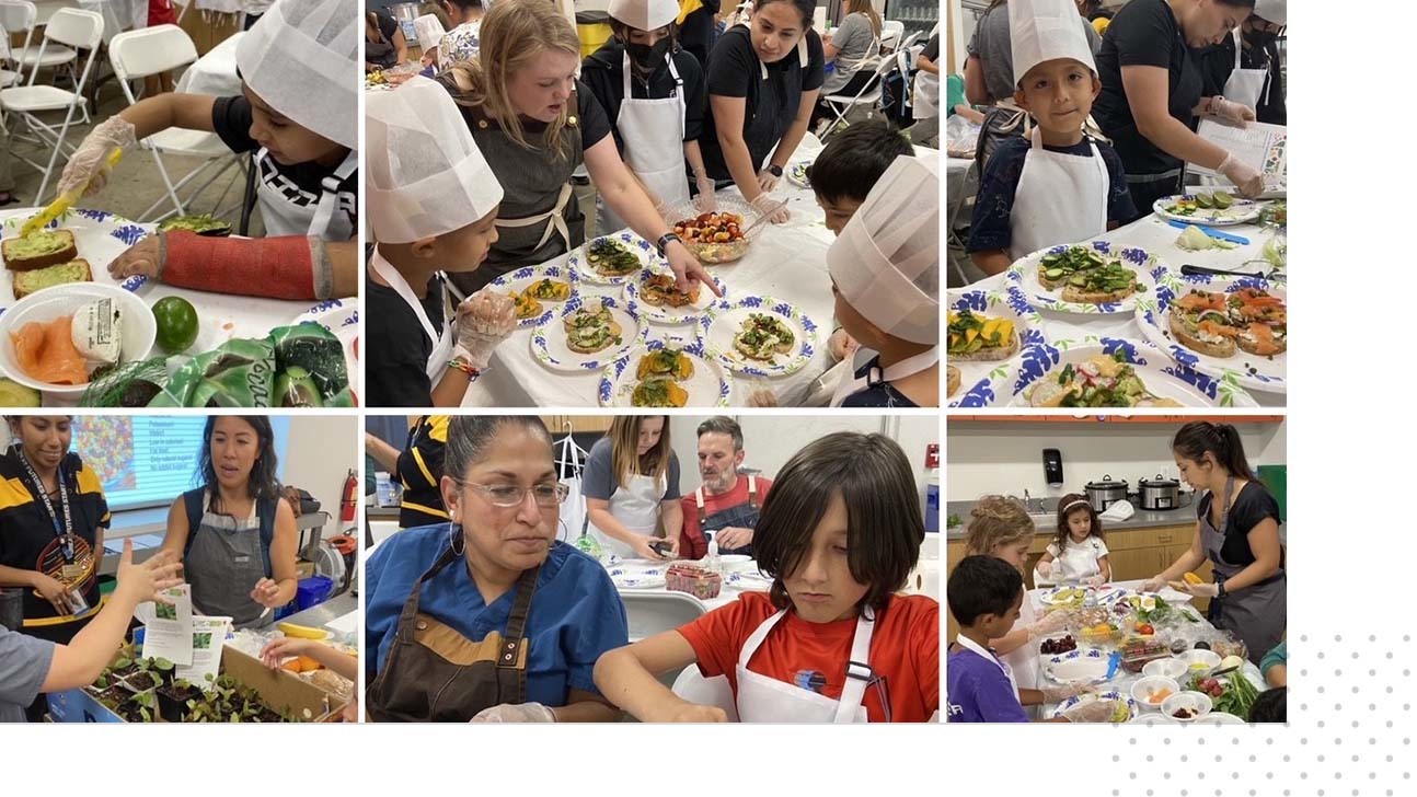 Collage of children in the Boys & Girls Clubs of the Austin Area participating in cooking activities with members of Dell Med.