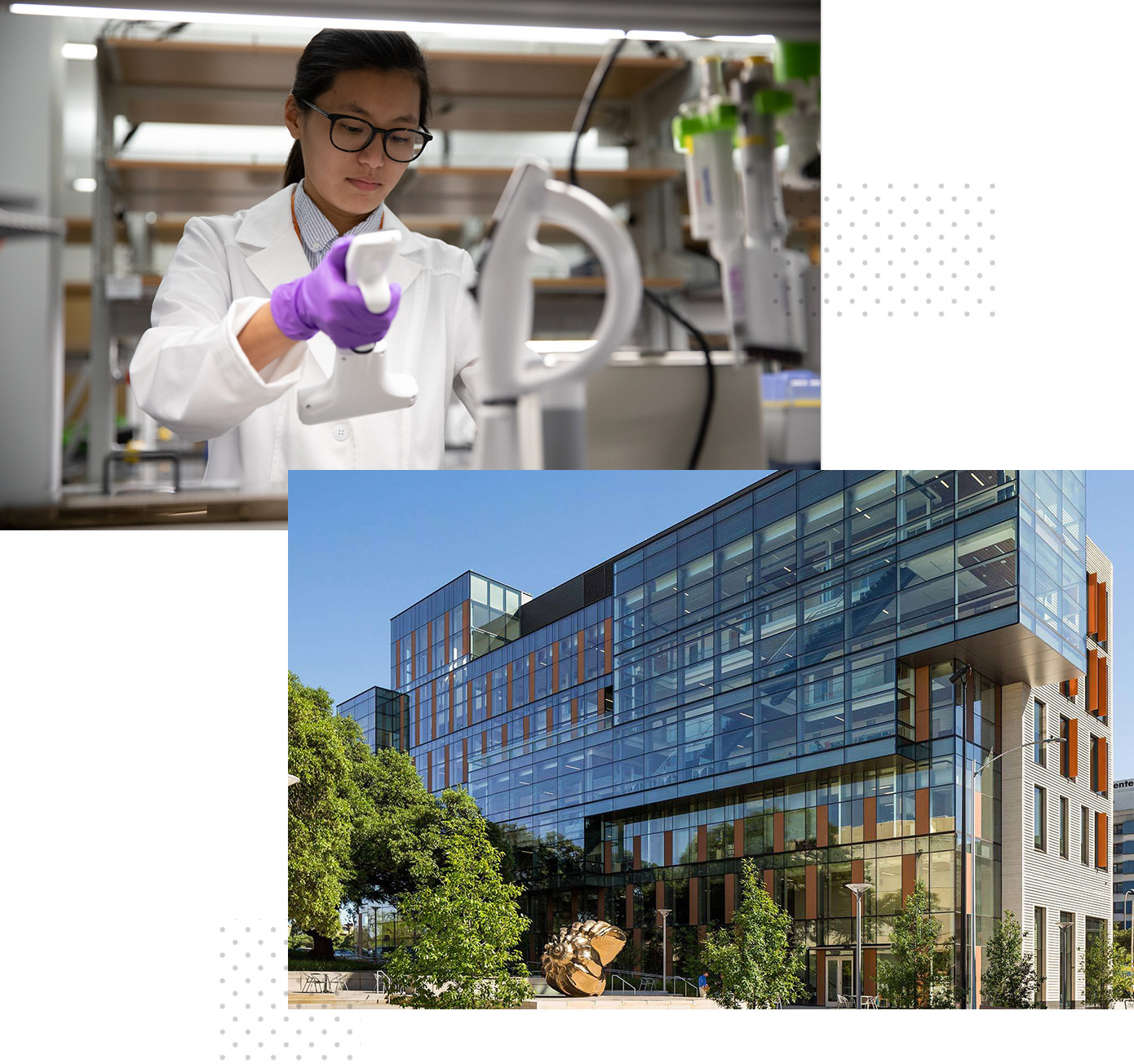 Collage of two images: In one, a woman conducts bench research inside a lab. In the other, the exterior of Dell Medical School's Health Learning Building.
