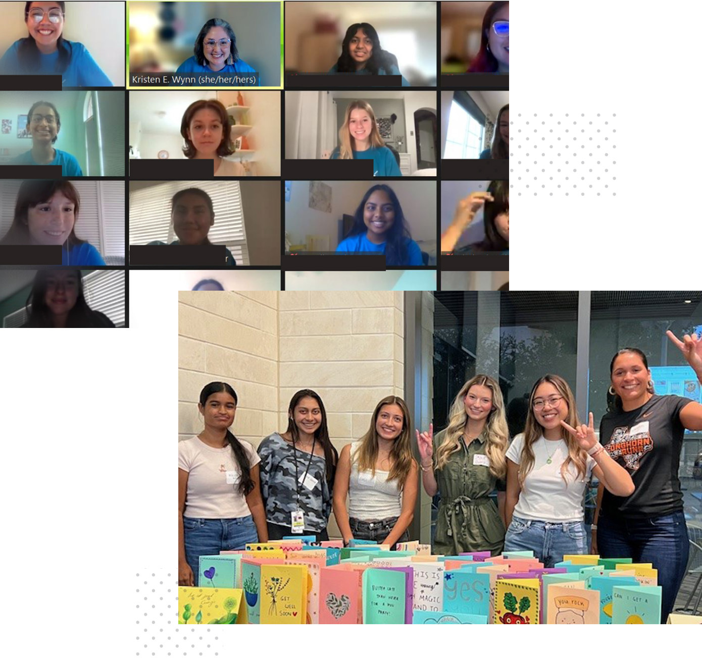 A collage of two images: In one, a screenshot of a virtual meeting that shows SHE in Oncology participants. In the other, six women stand together for a jovial photo.