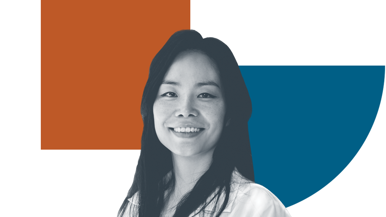 Black and white head shot of Joo Lee with colorful, abstract background