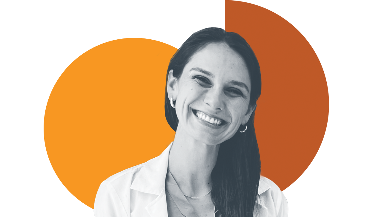Black and white head shot of Simin Golestani with colorful, abstract background
