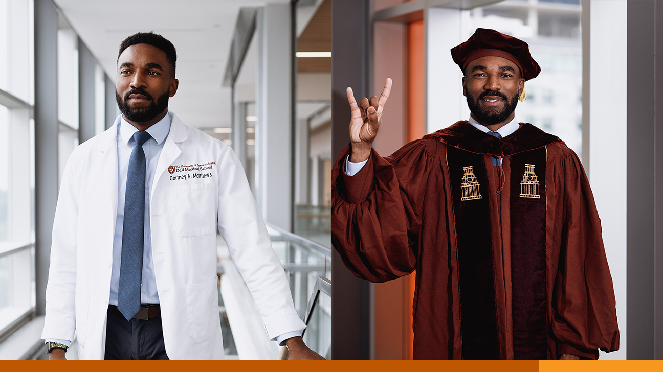 Collage of two portraits of Cortney Matthews. In one photo, he wears a white medical coat; in the other, he wears graduation regalia.