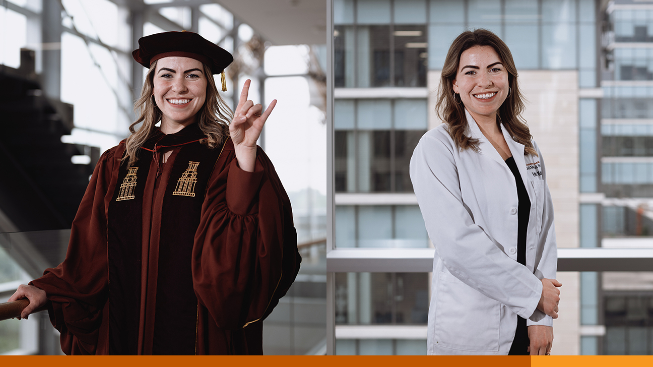 A collage of two portraits of Erin Cover. In one photo, she wears graduation regalia; in the other, she wears a medical white coat.