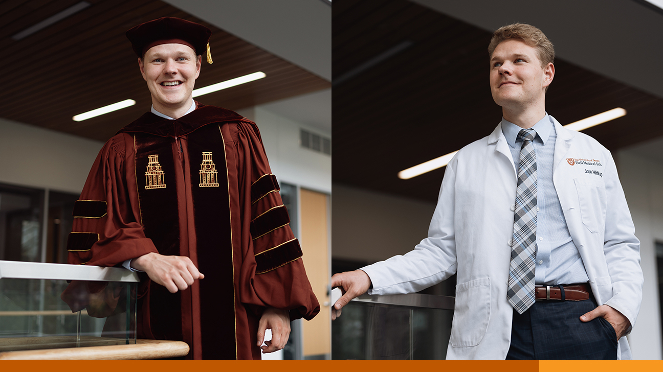 A collage of two portrait of Joshua Witkop. In one photo, he wears graduation regalia; in the other, he wears a medical white coat.