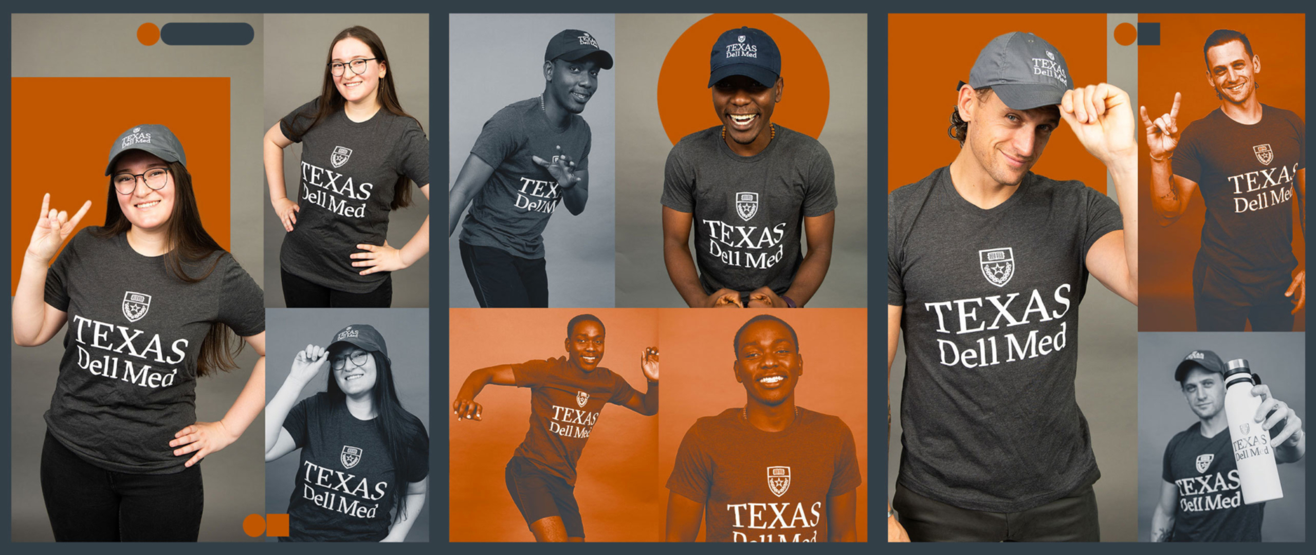 A triptych collage of three members of Dell Med's Class of 2026 in various poses, all wearing Dell Med apparel.