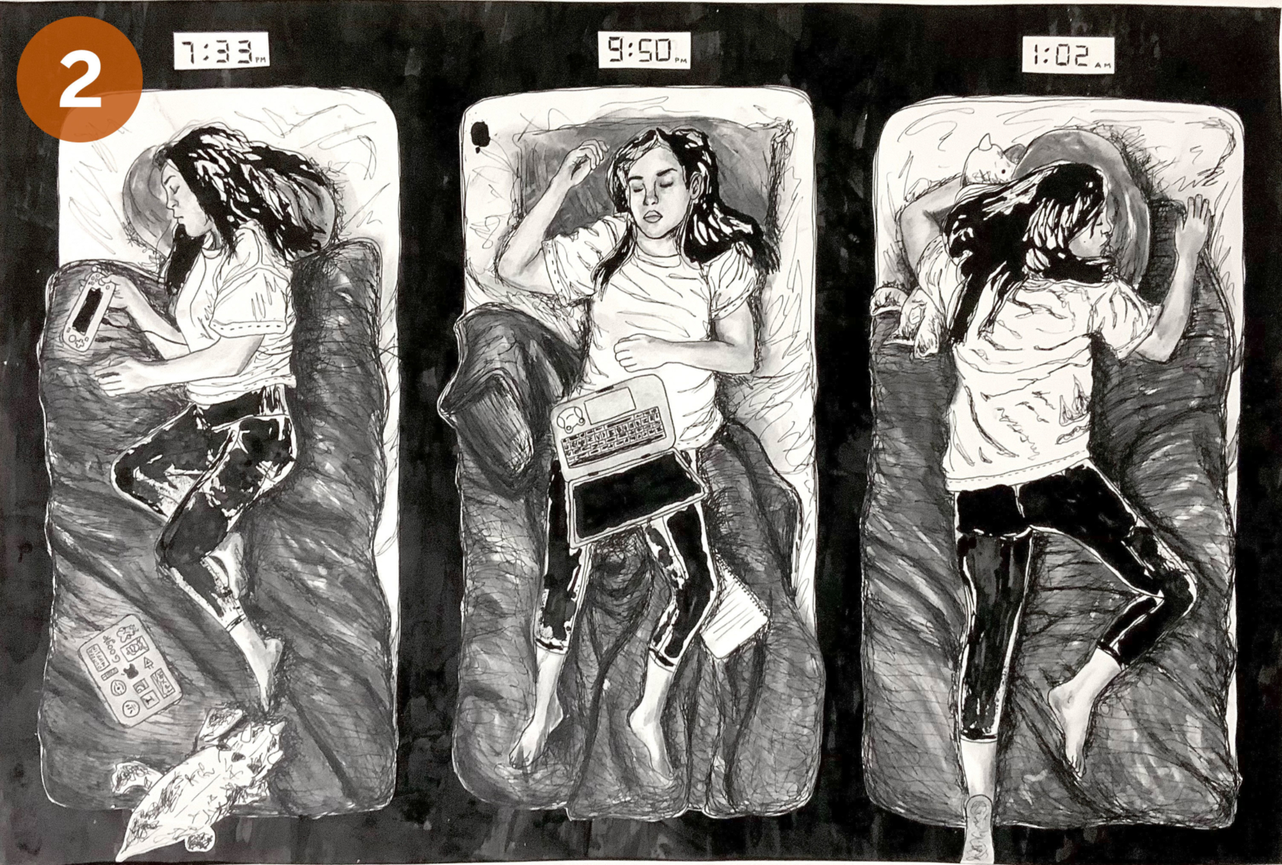 Image 2: Three panel drawings of a person having difficulty going to sleep.