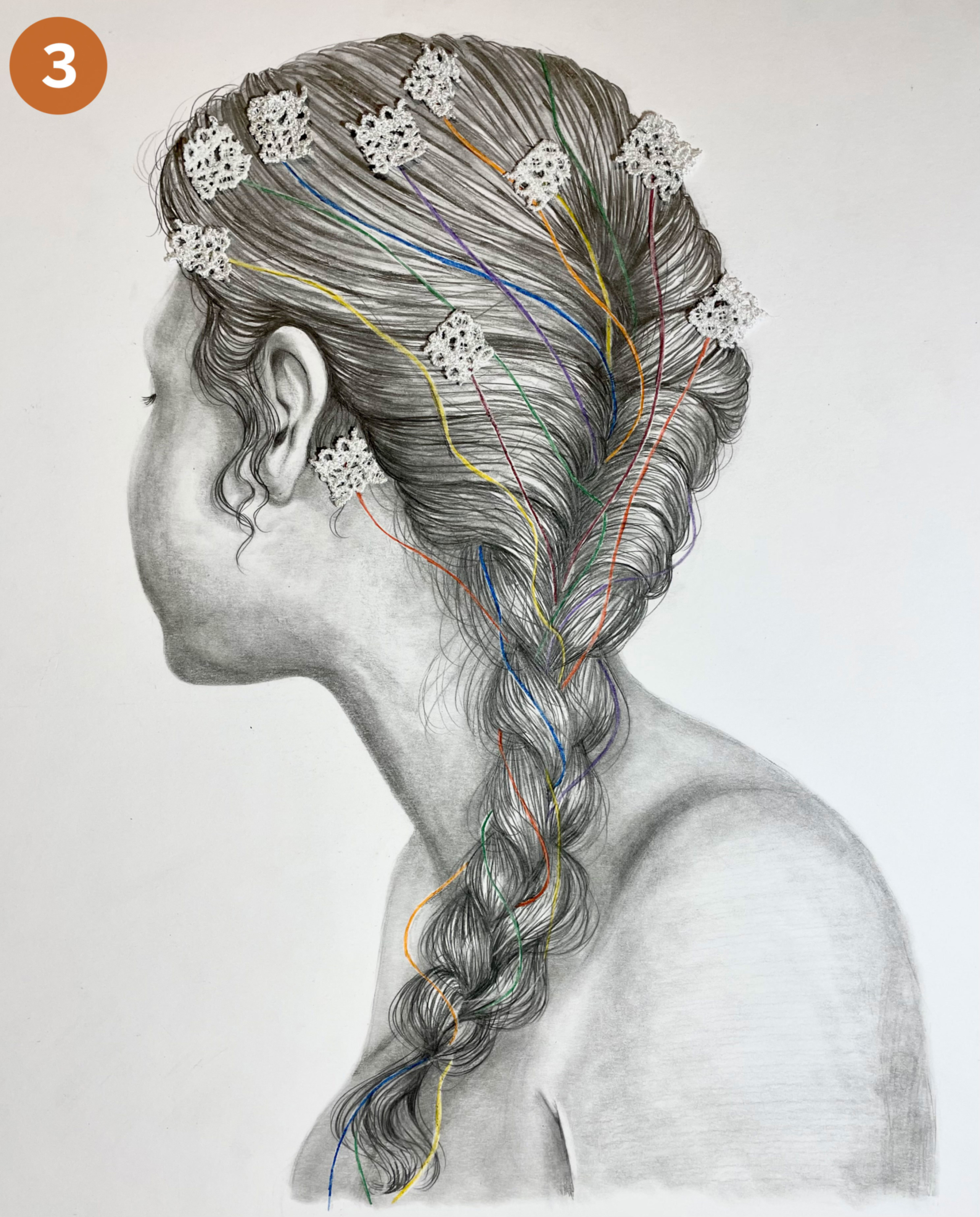 Image 3: A drawing of a young woman with EEG electrodes braided in her hair.
