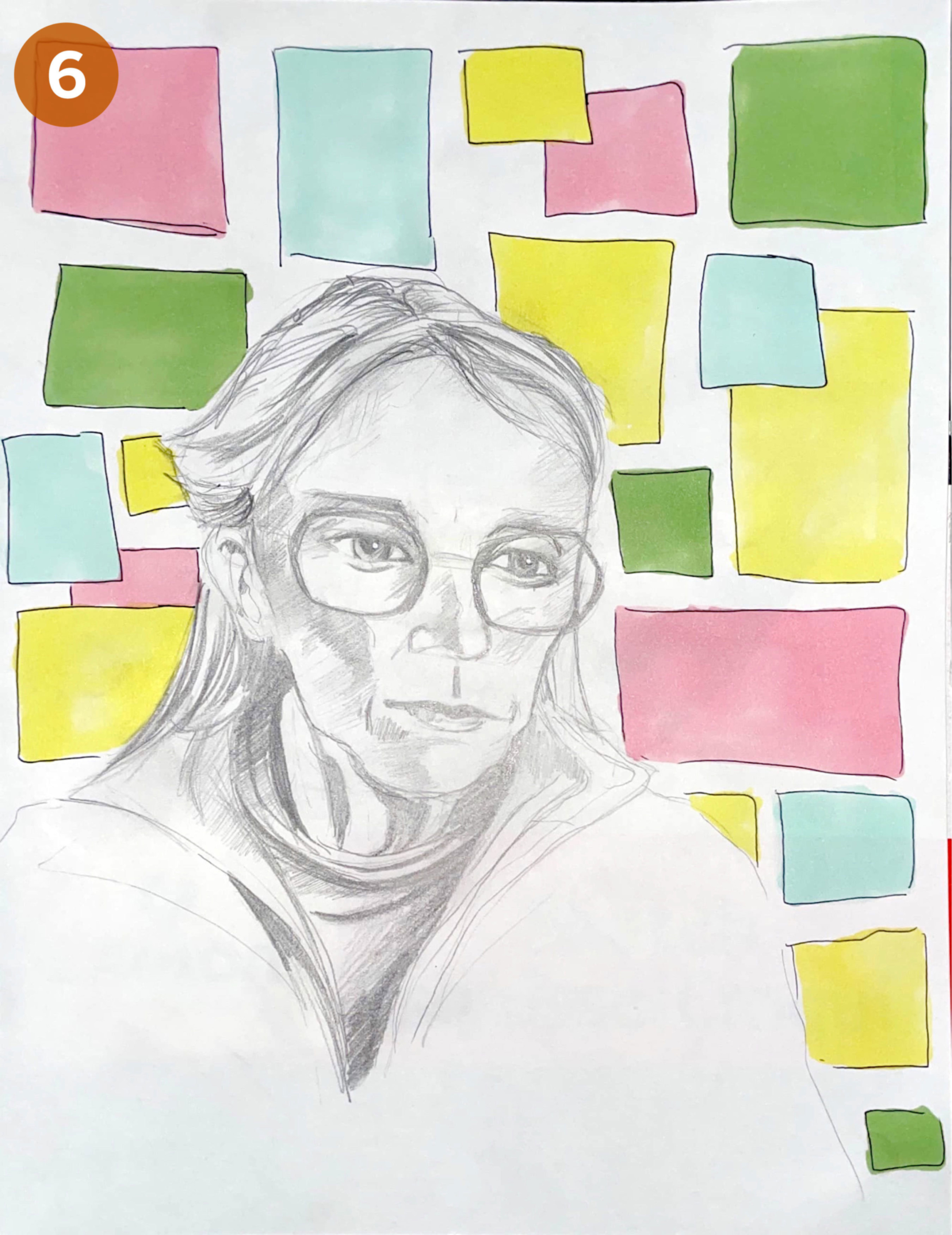 Image 6: A pencil drawing of a woman with glasses, with colorful squares in the background.