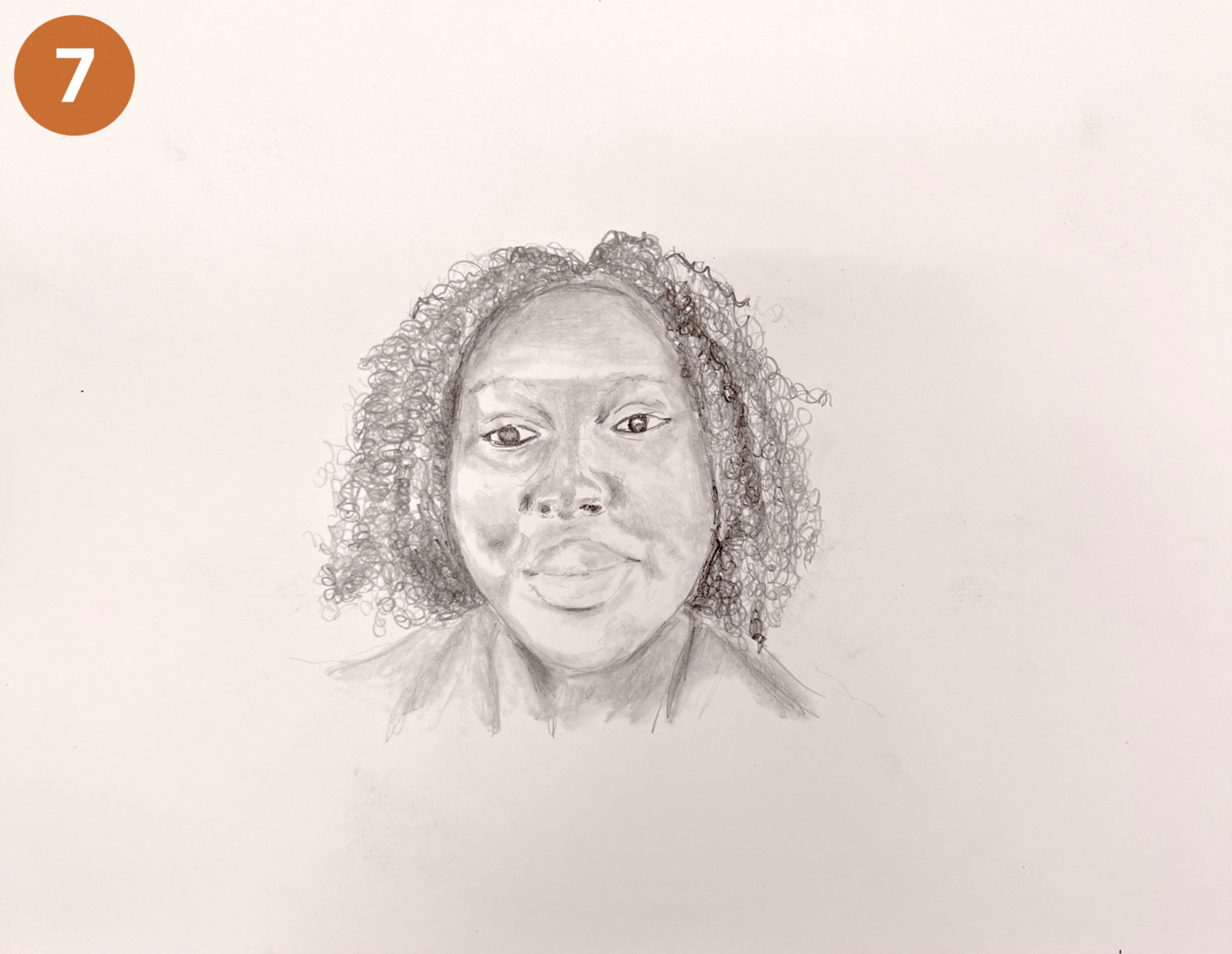 Image 7: A pencil drawing of a woman with curly hair, smiling.