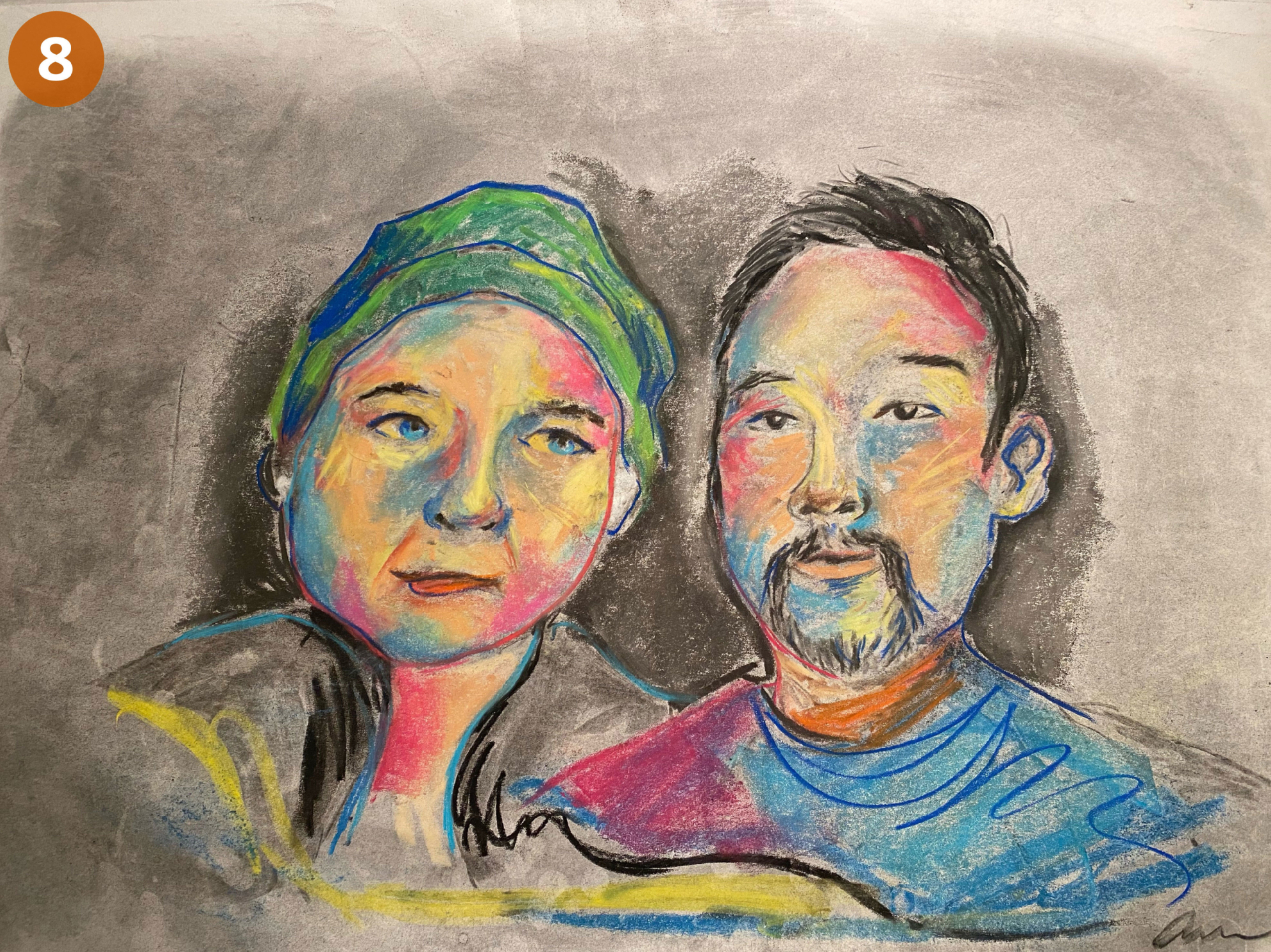Image 8: A colorful portrait of a man and a woman; the woman is wearing a green headscarf.