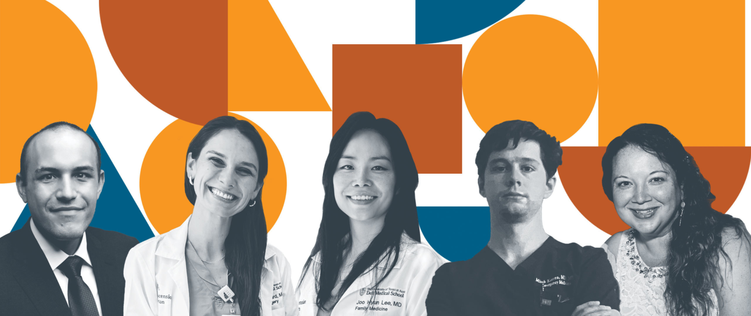 Banner image of five residents and fellows in black and white with colorful, abstract background