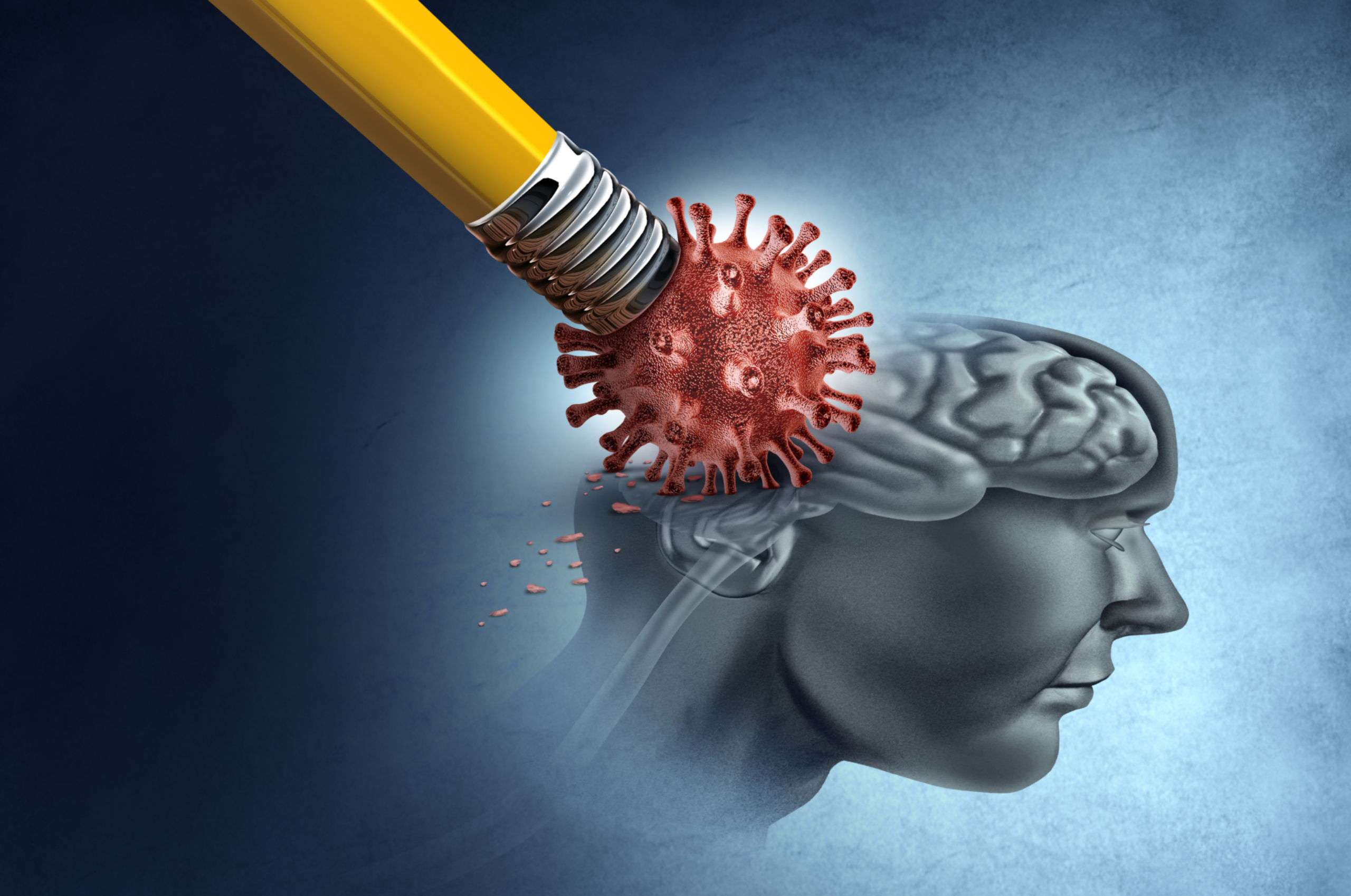 Artist rendering of a Covid cell on top of a pencil erasing parts of a brain.