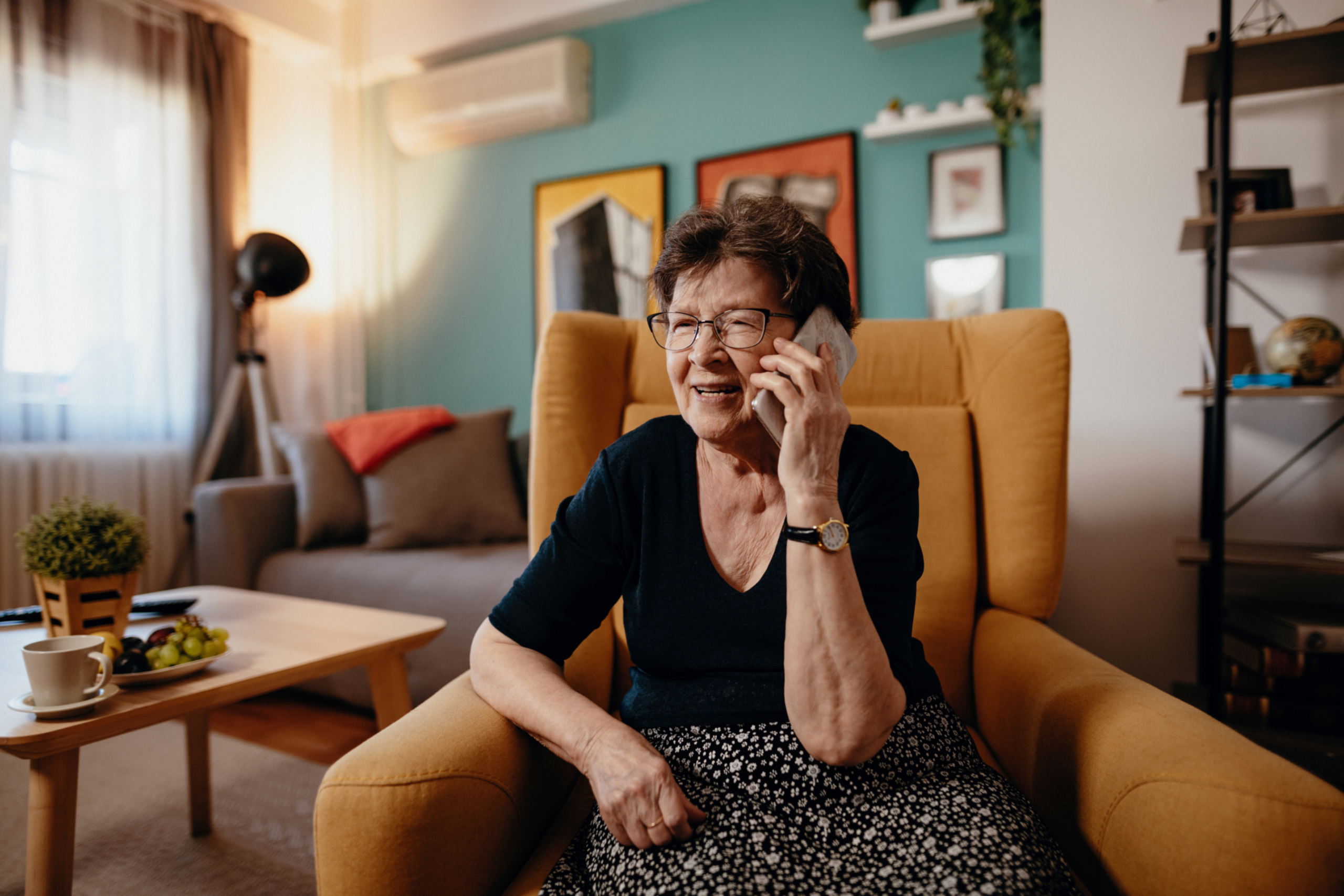 Older woman talks on the phone in her living room.