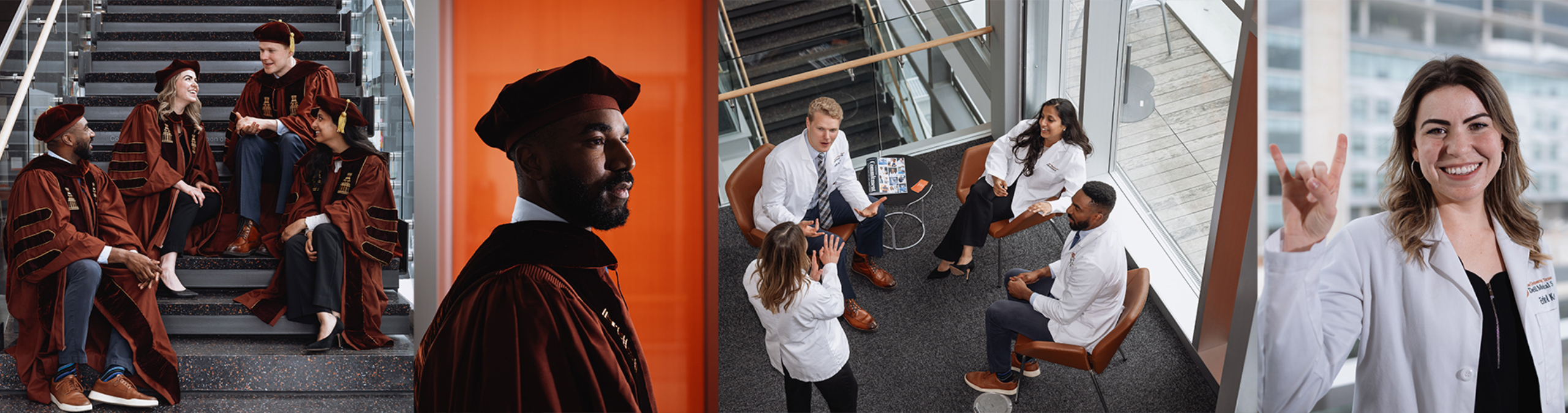 A collage of different photos that feature four students from Dell Med's Class of 2024. Across the collage, the students wear graduation regalia and their medical white coats.