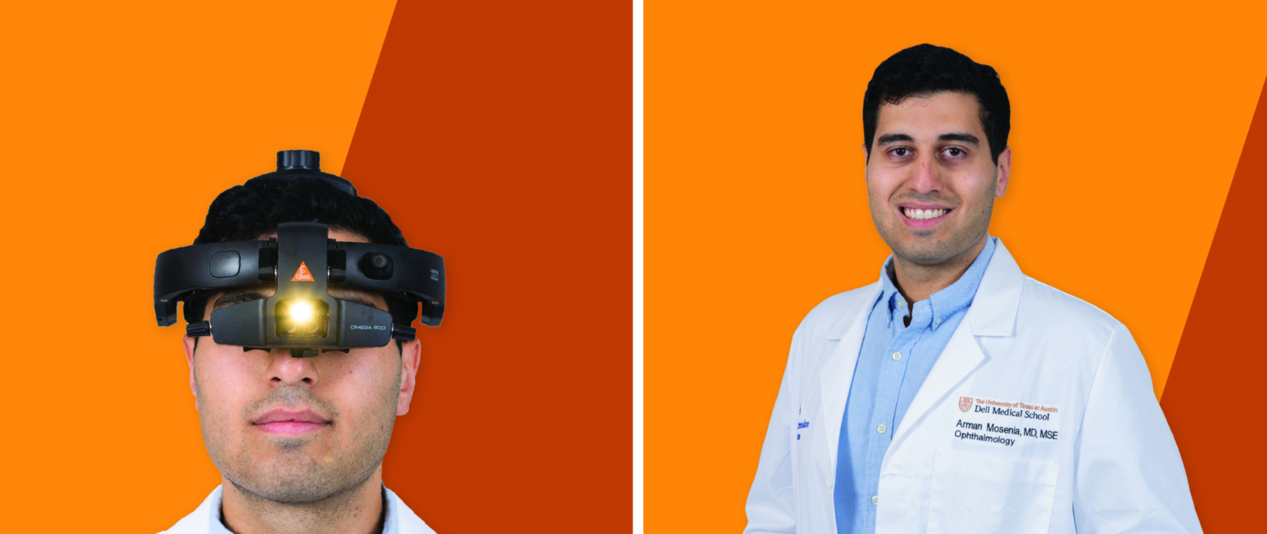 Left: Arman Mosenia wears an ophthalmoscope on his head, Right: Portrait of Arman Mosenia