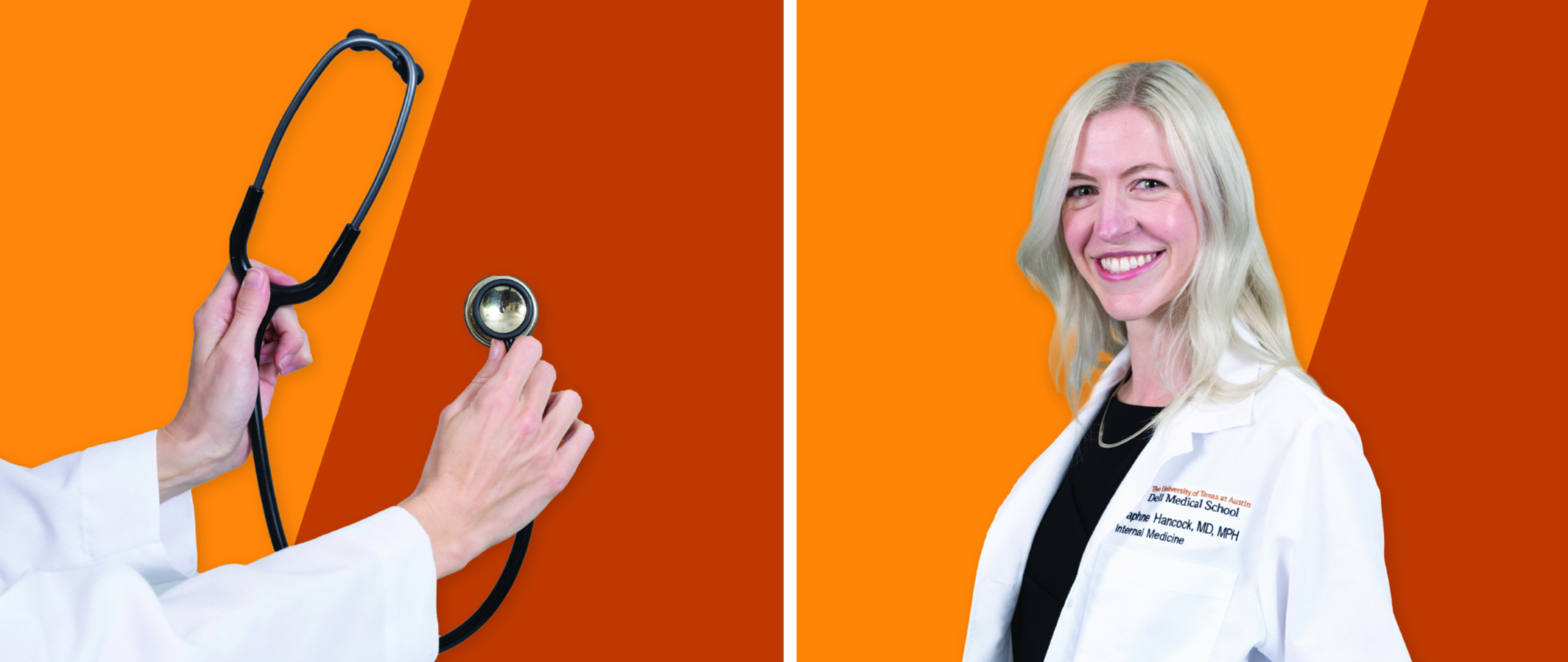 Left: Hands hold a stethoscope, Right: Portrait of Daphne Hancock, M.D.