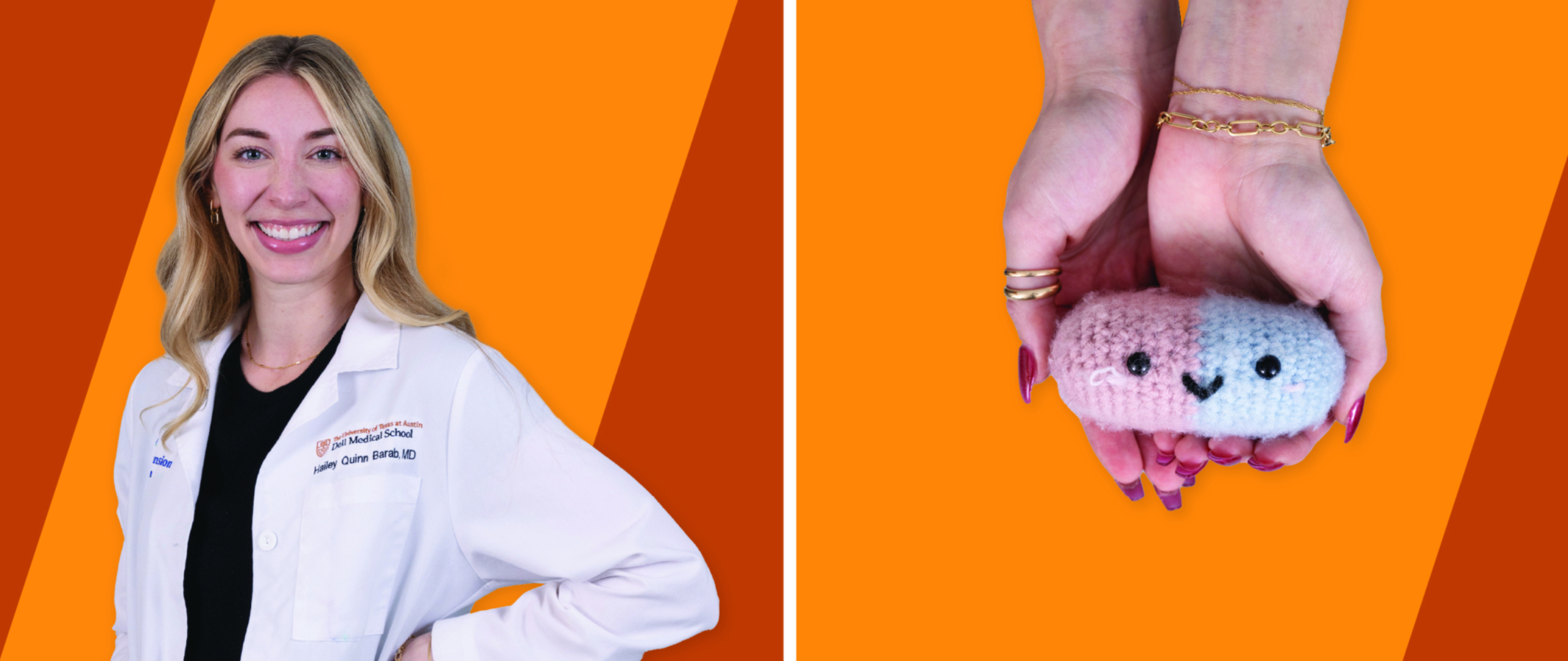 Left: Portrait of Hailey Barab, Right: Hands hold a crocheted, stuffed pill