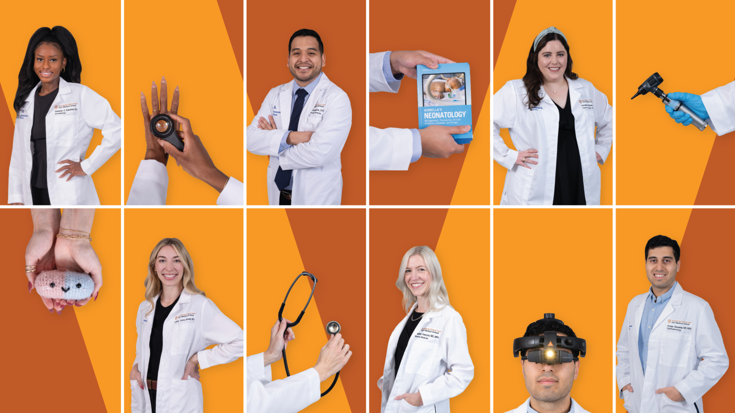 Portraits of six new residents and fellows alongside medical instruments and props.