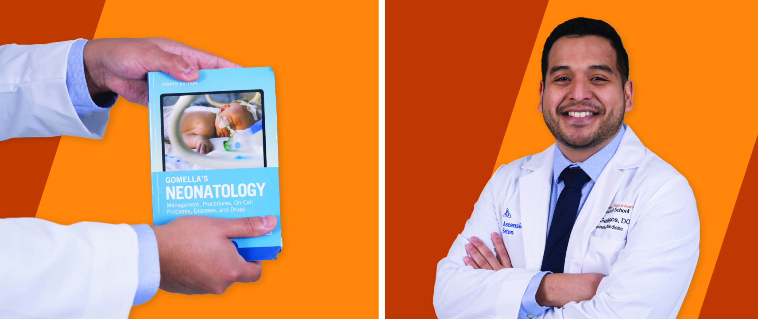 Left: Hands hold a neonatology textbook, Right: Portrait of Juan Gallegos, D.O.