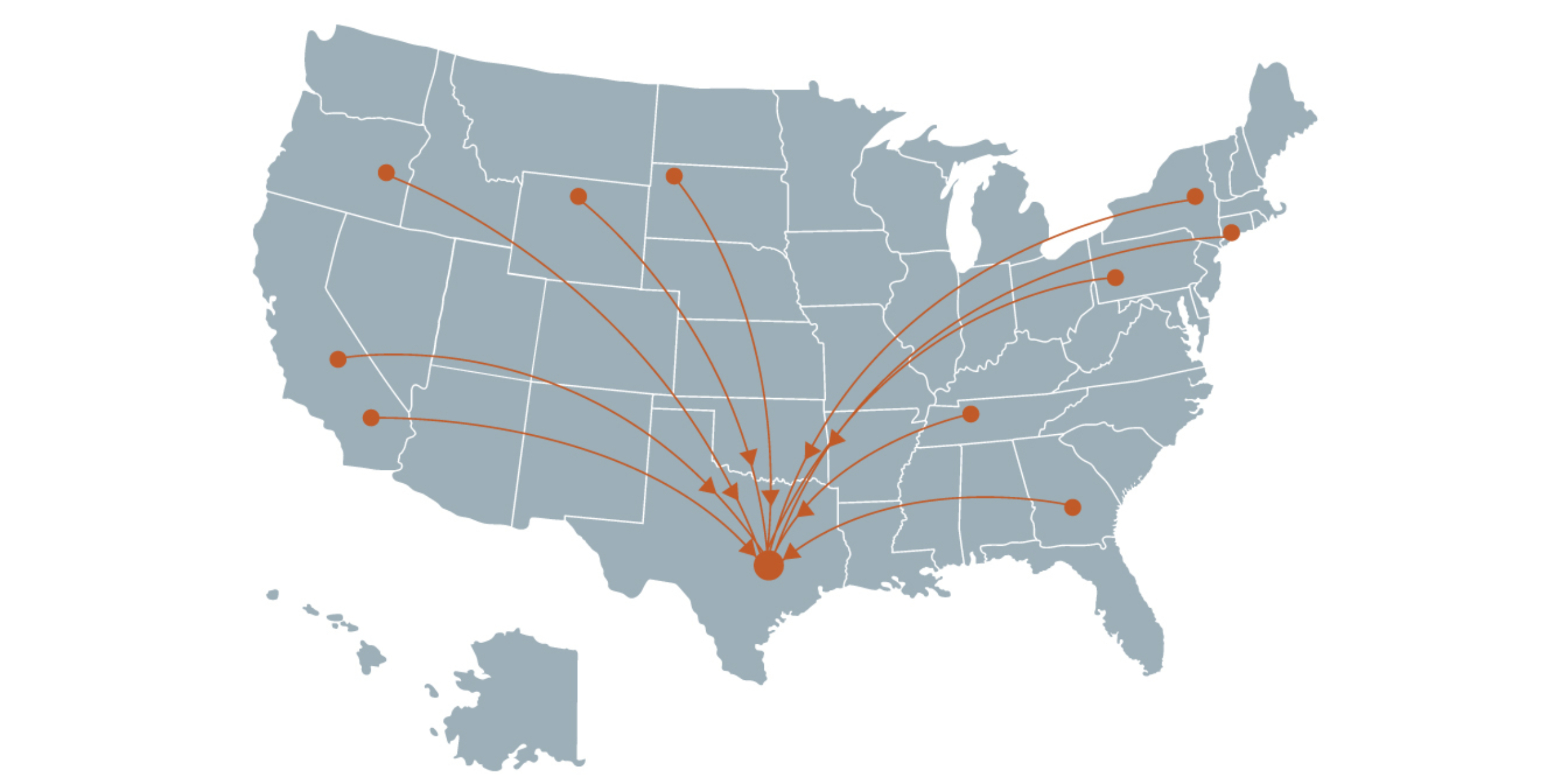 An illustrated map of the United States features arrows originating from locations across the country all converging on the Central Texas region to signify movement toward Austin.