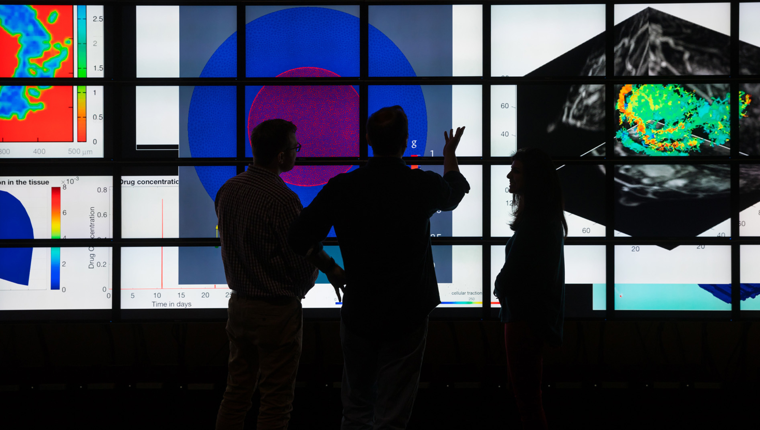 Three individuals look at imaging within UT's visualization lab. 