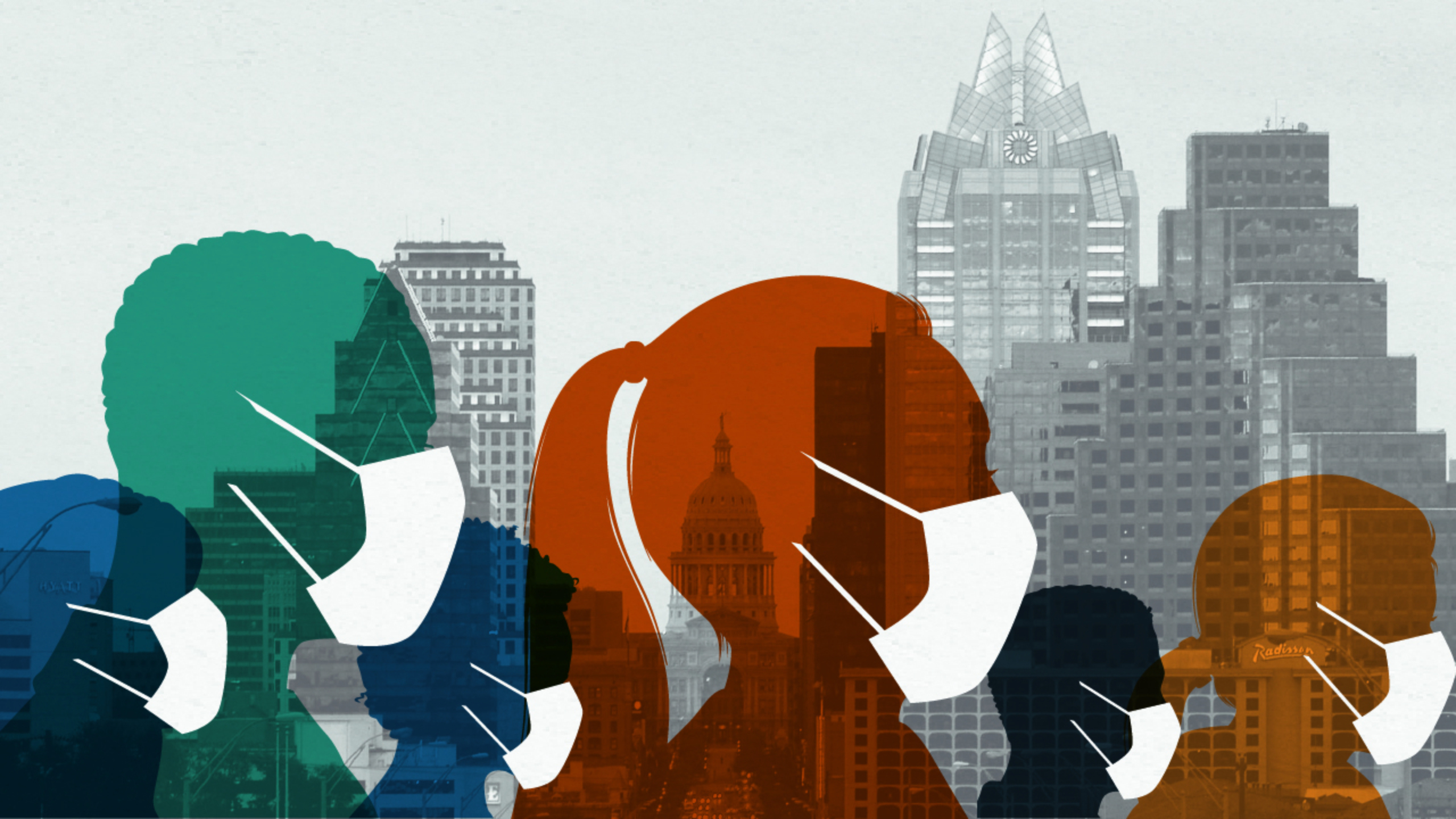 Illustration that shows silhouettes of people wearing medical masks, with Austin's downtown skyline in the background.
