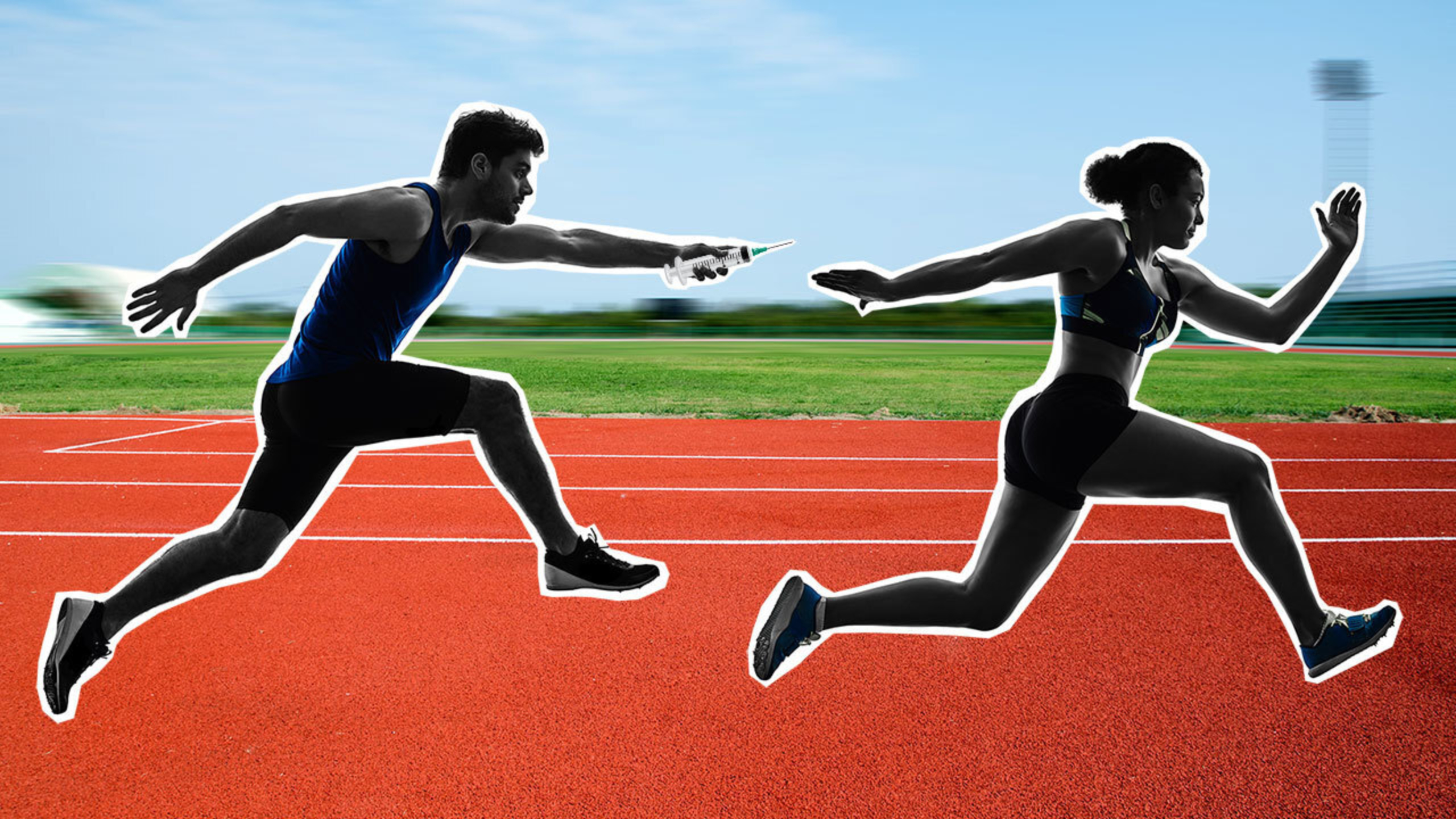 Illustration of two track athletes running on a standard track.