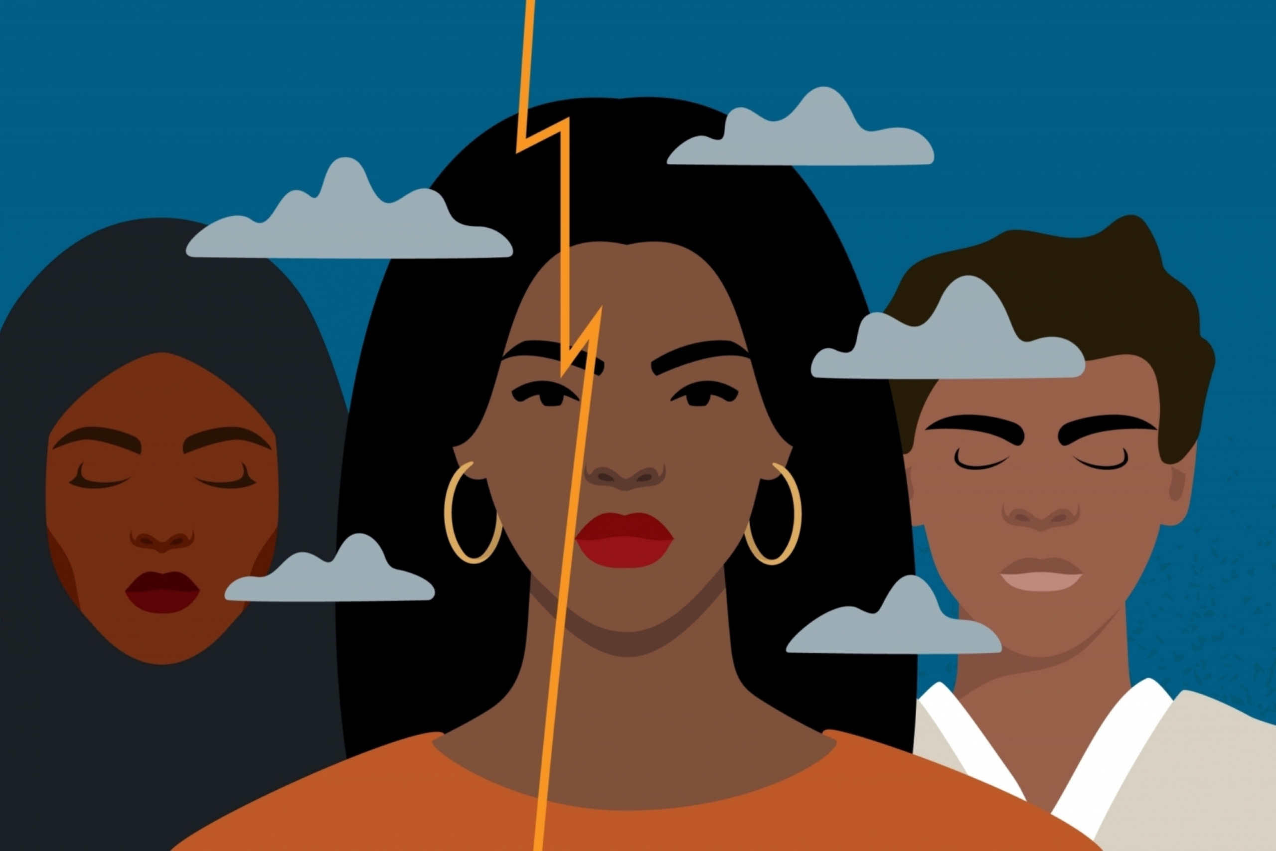 Three individuals are illustrated together, shoulder to shoulder, with clouds in front of part of their faces.