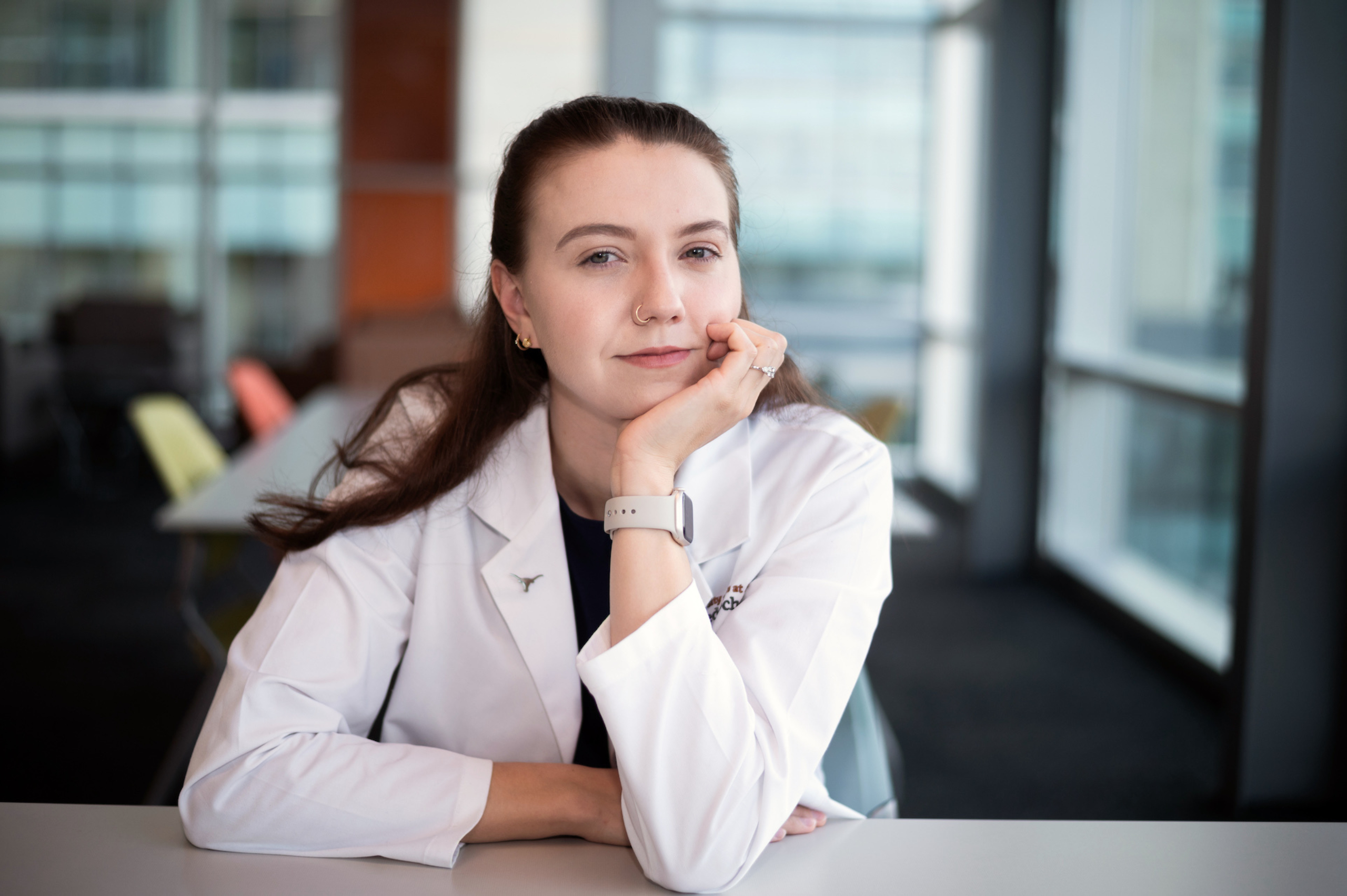 Portrait of Alia Pederson in white coat