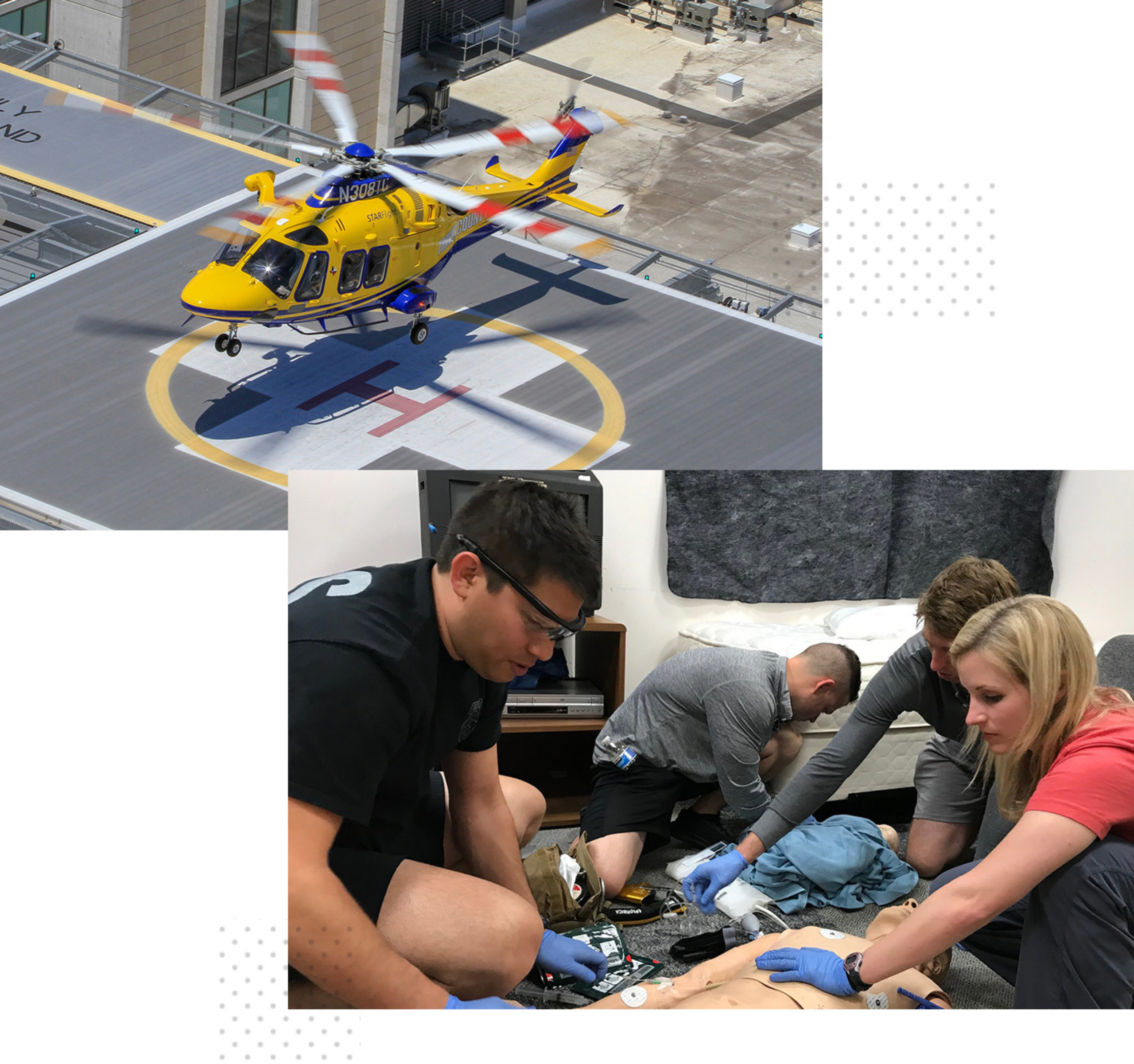 A collage of the STAR Flight helicopter landing at a hospital and another photo of EMS physicians training on a dummy.