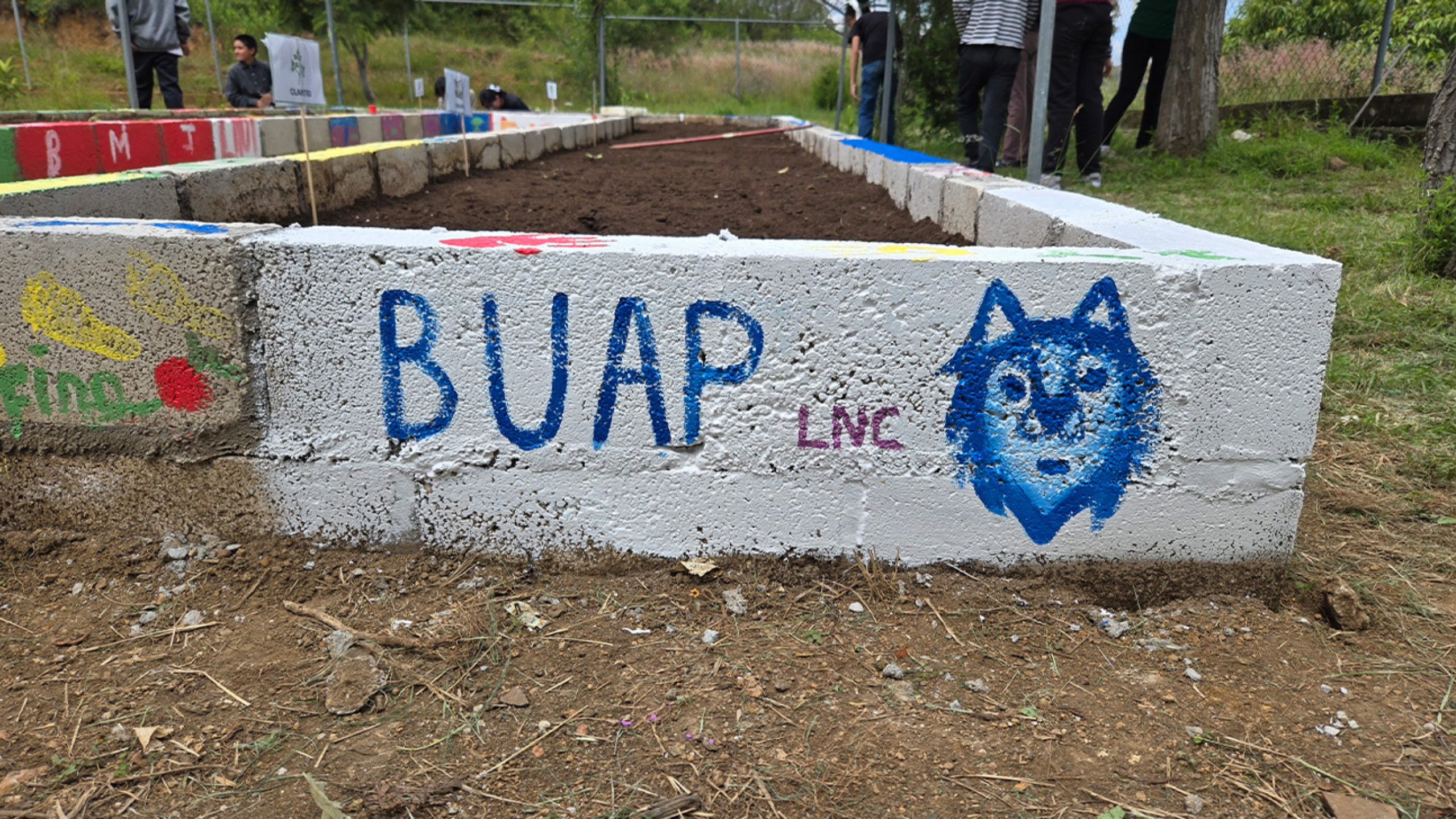 The letters "BUAP" (meaning Benemérita Universidad Autónoma de Puebla) painted on the stone border of a garden.